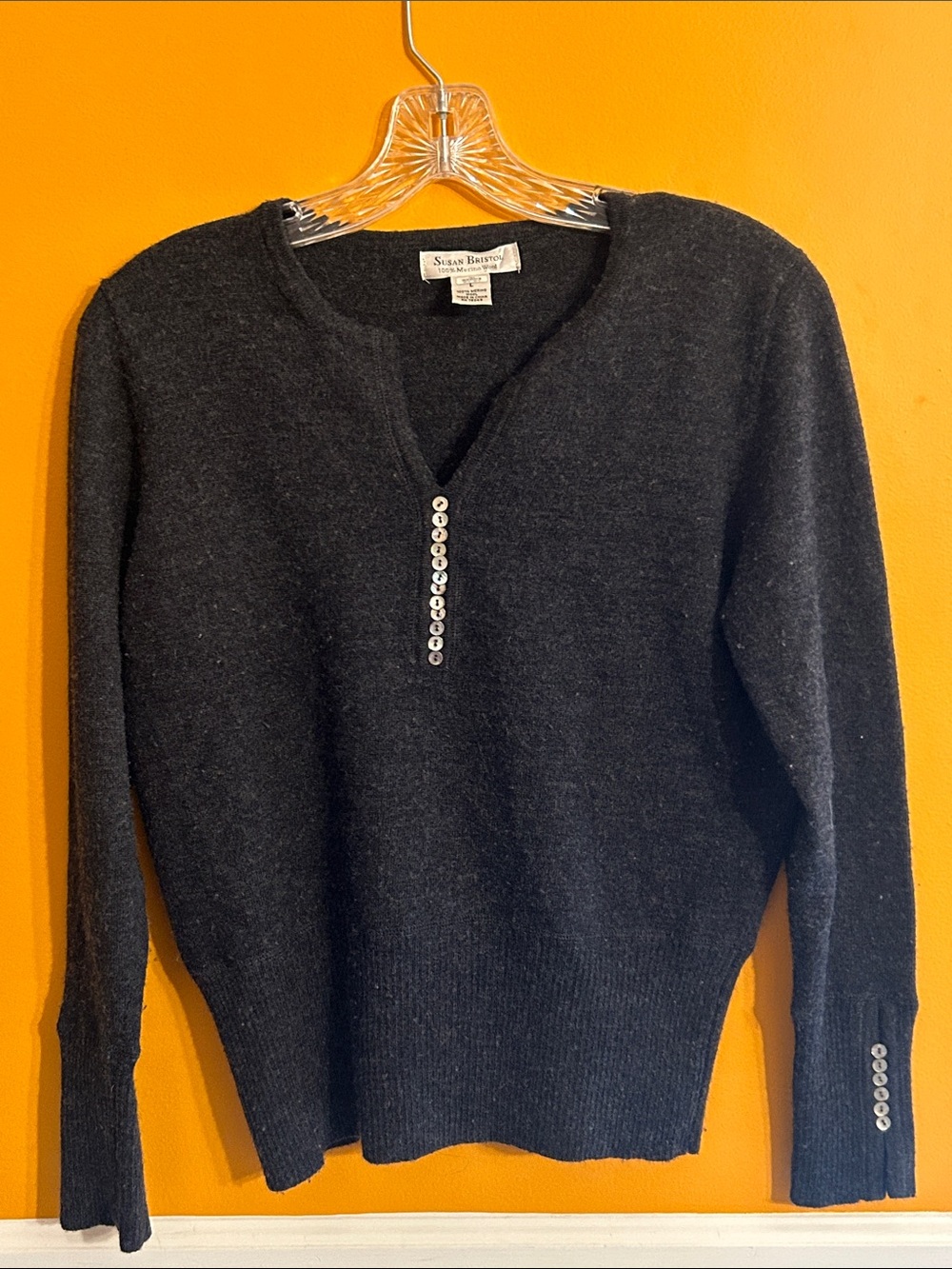 Susan Bristol Black V-Neck Sweater with Button Placket